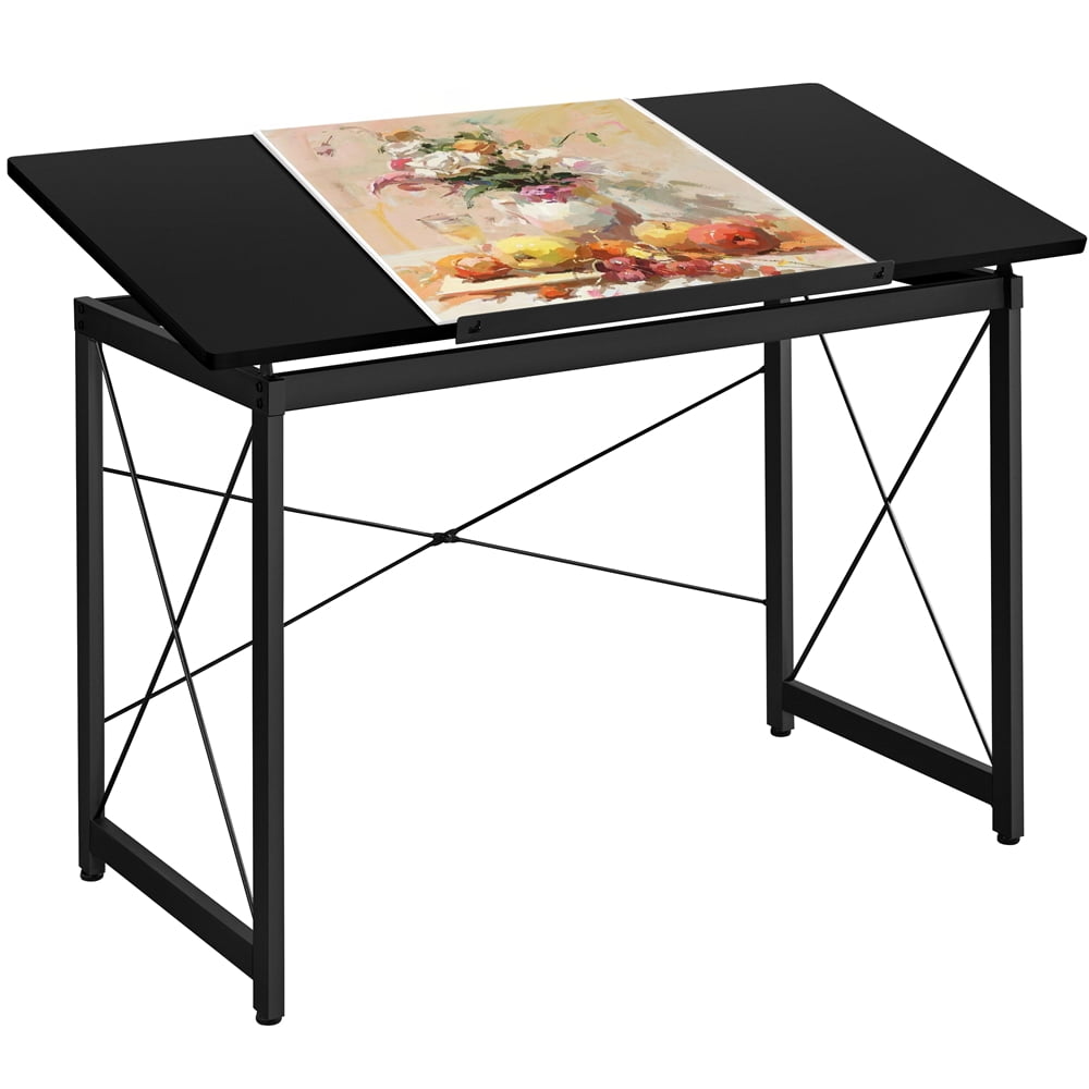 Pen Holder Drawing Drafting Table Craft Versatile Desk Tabletop Tilted Adjustable Folding/Extended Board Artist Desk,w/Stool,2 Storage Drawers,Shelf Storage Slot,Glass/Black
