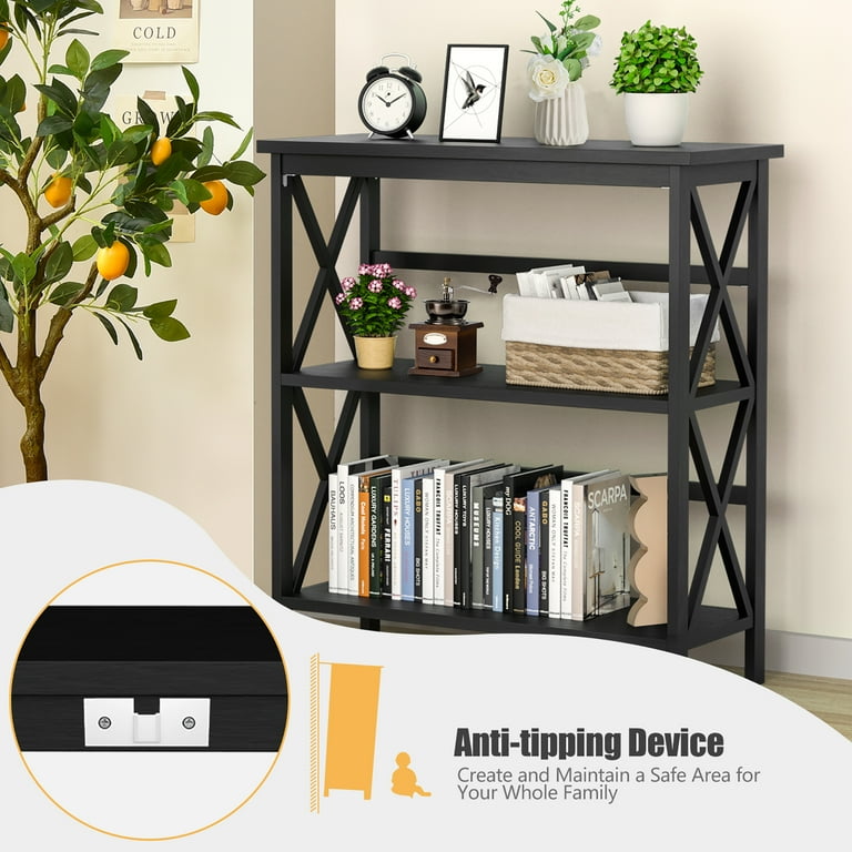 Costway 3-Tier Wooden Bookshelf, X-Design, Freestanding Black