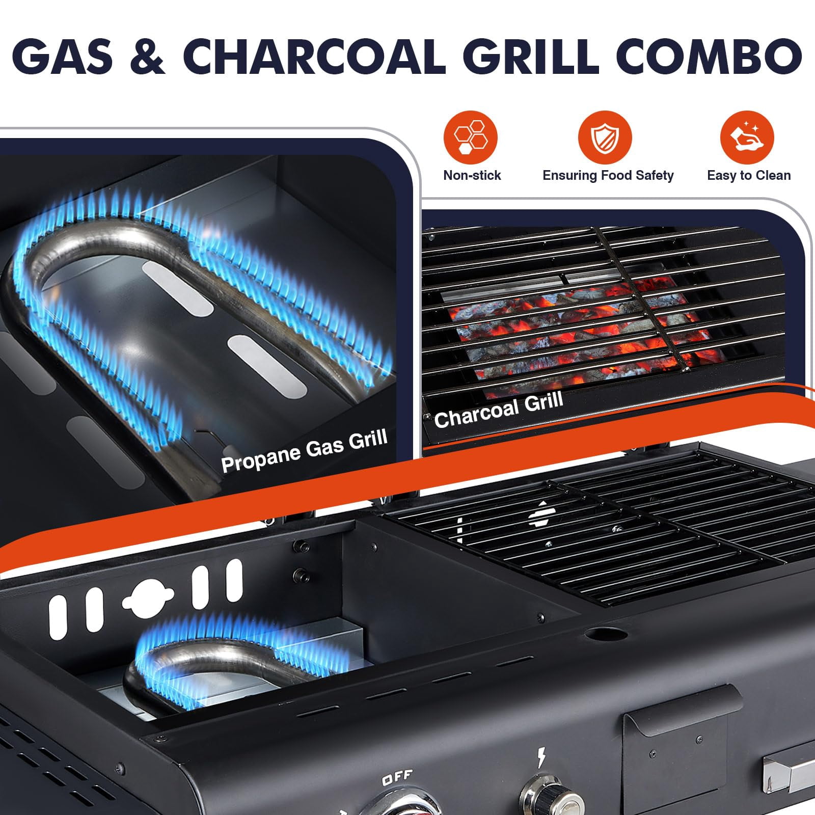 Frizi Charcoal and Gas Grill Combo with Black Dual Lids, Dual Fuel Propane Gas Grill with 2 Side Shelves for Outdoor Backyard Barbecue Cooking