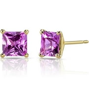 PJ JEWELRY 10k Yellow Gold Plated 4 Carat Princess Cut Created Pink Sapphire Stud Earrings