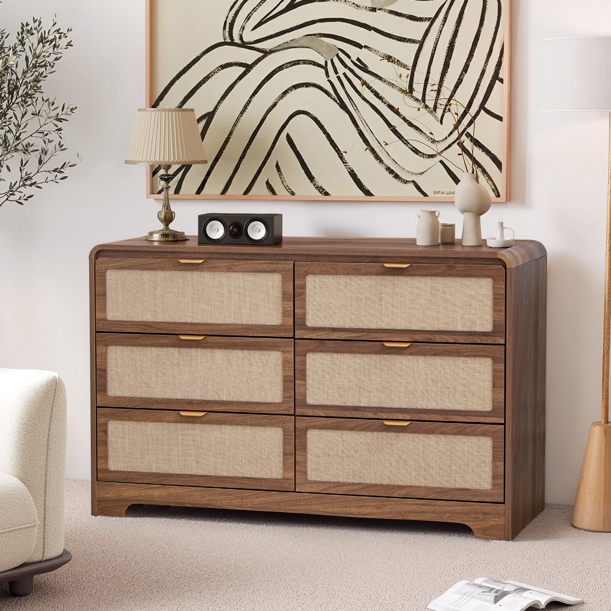 Wirrytor 6 Drawer Rattan Bedroom Dresser, Boho Double Chest of Drawers with Curved Edge, Wood Closet Storage Organizer, Walnut