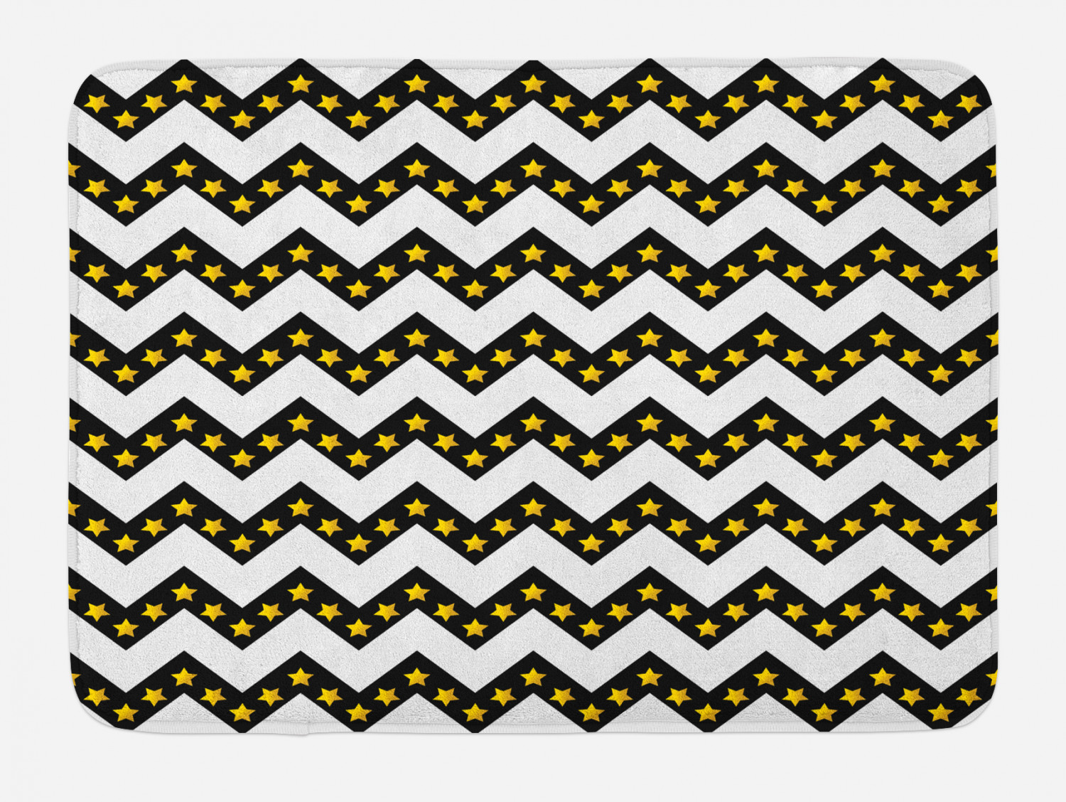 Chevron Bath Mat, Black Zig Zag Chevron Pattern with Inner Stars Parallel Striped Lines Art