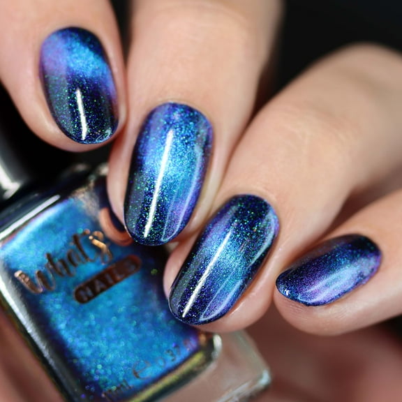 Whats Up Nails - Night Contrails Magnetic Nail Polish Dark Blue Base w/ Teal-Purple Cat Eye Effect, Green-Blue Iridescent Duochrome Shimmer Lacquer Varnish Made in USA 12 Free Cruelty Free Vegan Clean