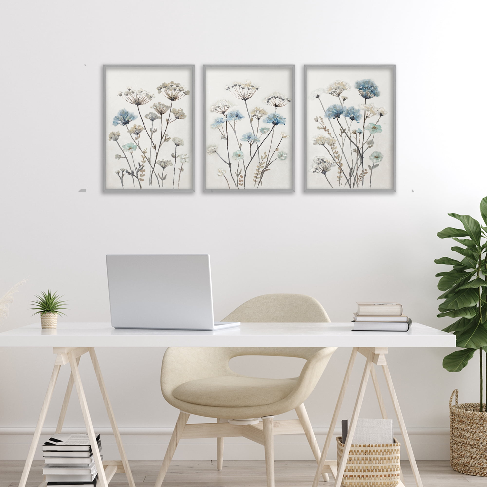 Stupell Industries Neutral & Blue Garden 3 Piece Gray Framed Floater Canvas Set, design by Patricia Pinto