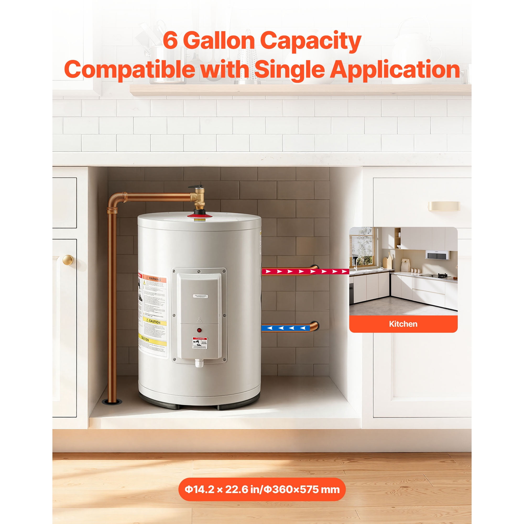 KFFKFF 6 Gallon Electric Tank Water Heater, 1600W Point-of-Use Hot Water System with LED heating indicator, Knob Control, Top Outlet, 120V Storage Design with T&P Valve for Small Spaces, RVs, Gray