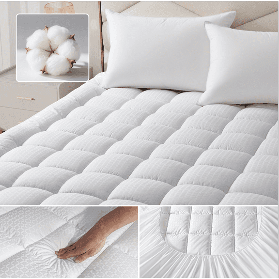 100% Cotton Queen Mattress Topper, Thick Pillow Top Mattress Pad Queen, Soft Mattress Topper Queen Size, Deep Pocket 6-18", Breathable & Cooling Mattress Pad