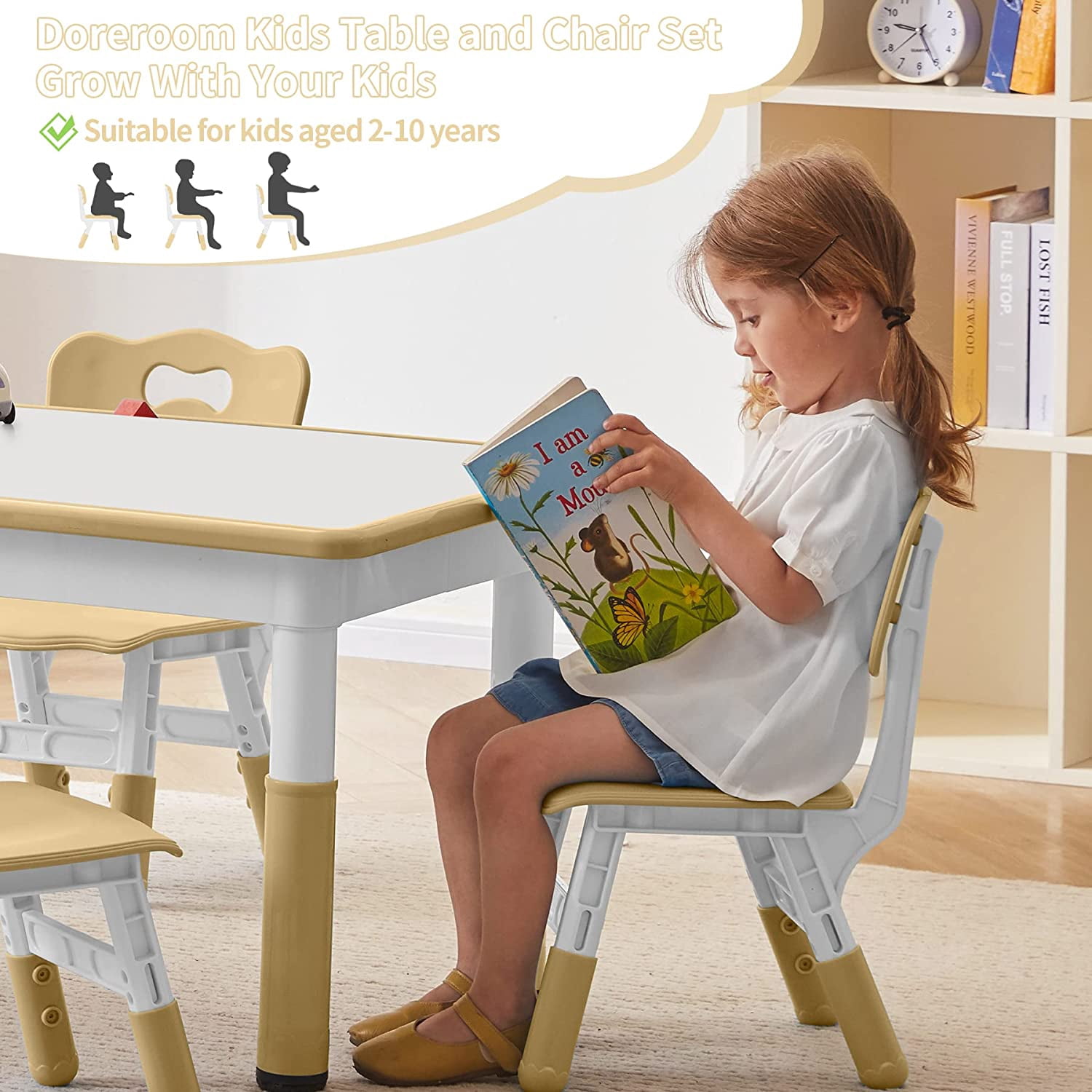 AINUO Toddler Table and Chairs Set for 4, 47.2"L x 23.6"W Height Adjustable Kids Activity Table with Graffiti Desktop, Study Play Table for Home Daycare Classroom