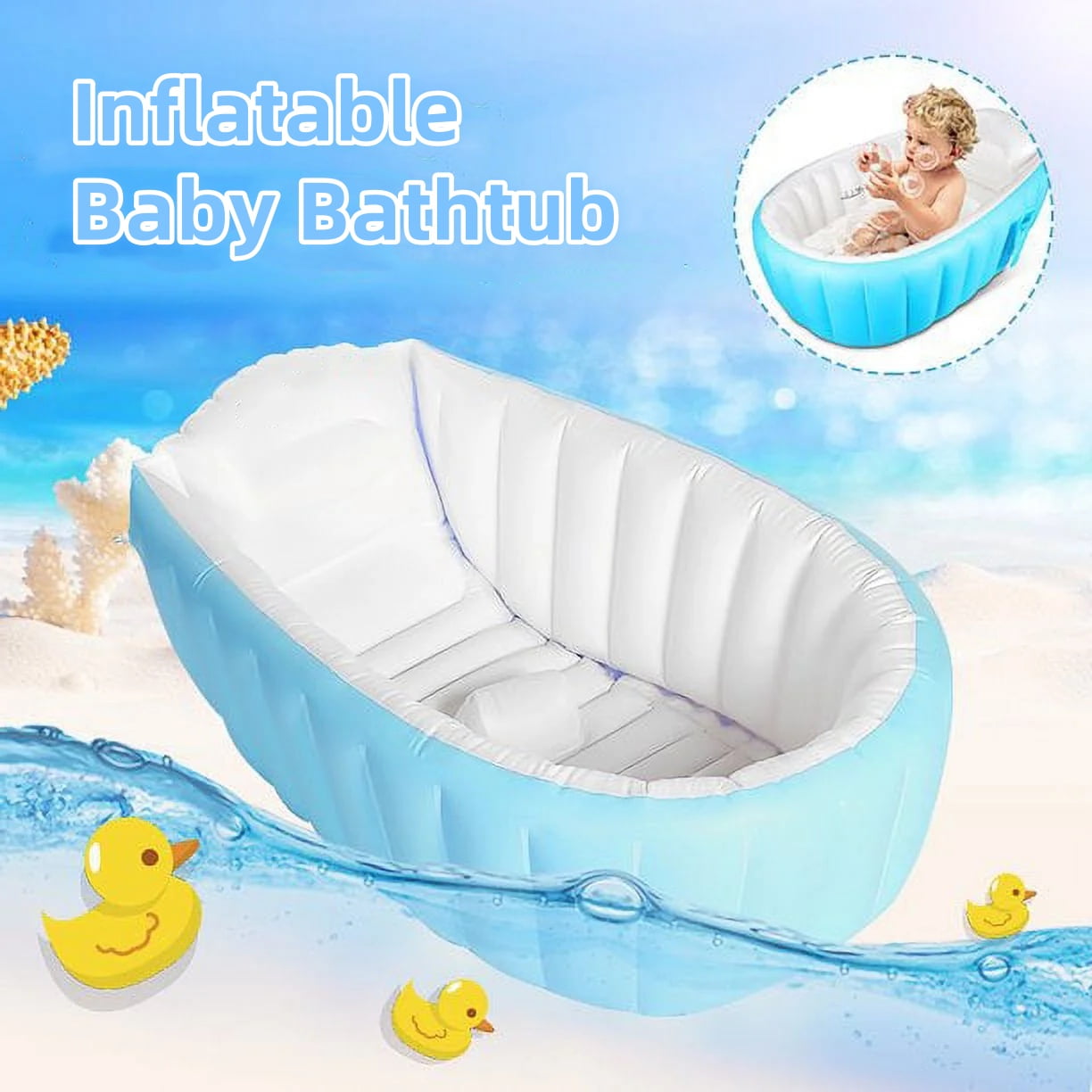 Anti-slip Inflatable Baby Tub,Foldable Shower Basin for Newborn,Comes with Pump ,Patching tools and Bathing toys（dolphins, Fish, frogs）