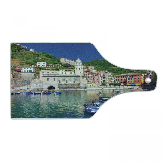 Vernazza Cutting Board, Panoramic View of Italian Village with Houses and Small Fishing Boats Print, Decorative Tempered Glass Cutting and Serving Board, in 3 Sizes, by Ambesonne