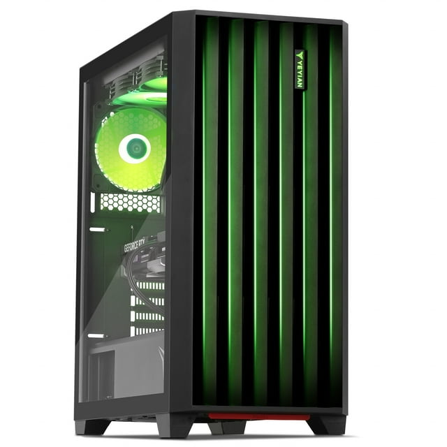 pc gamer yeyian ypa-pg790xc-5801m amd ryzen 9 7900x, nvidia rtx 5080, torre negra con panel lateral de vidrio, franjas frontales LED verdes y ventilador RGB con radiador AIO-360 visible; puertos frontales 2x USB 3.2 Gen 1 y 1x USB 3.2 Tipo C Gen 2, Wi‑Fi y Bluetooth según ficha; adecuada para creación de contenido y streaming de alta resolución.