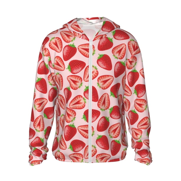 Balery Cute Strawberry Sudadera ligera de manga larga con capucha y protección solar UPF 50+ para hombre y mujer, ideal para pesca y running-XX-Large