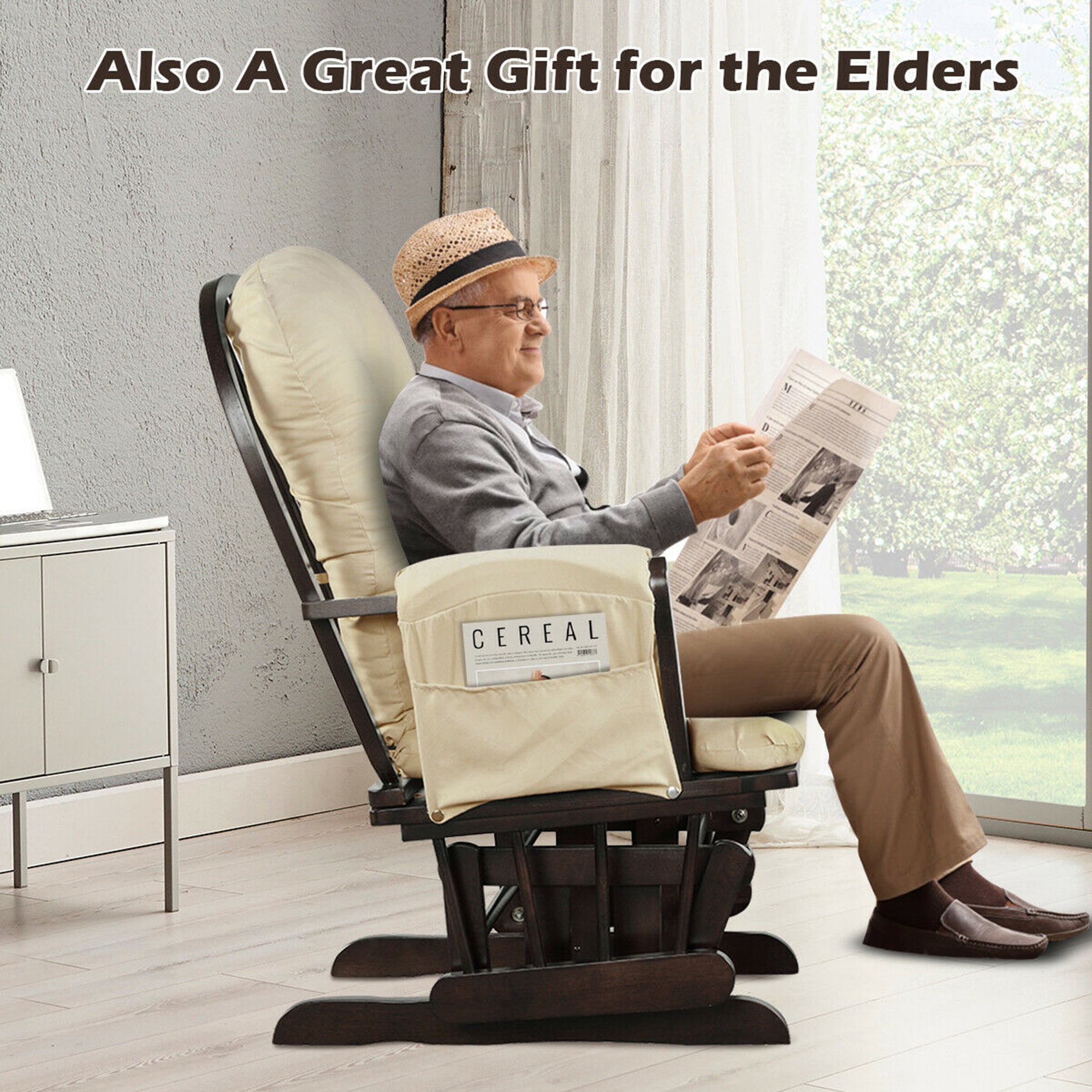 Gymax Wood Baby Nursery Rocking Chair Glider and Ottoman Cushion Set Espresso Finish with Beige Cushions