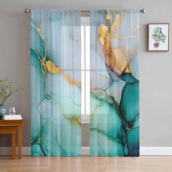 Teal Ombre Sheer Curtains 84 Inch Length 2 Panels Set for Living Room/Bedroom, Modern Ink Painted Abstract Marble Semi Curtain Sheers Drapes Rod Pocket Curtains Window Treatment Set 52''x84''x2