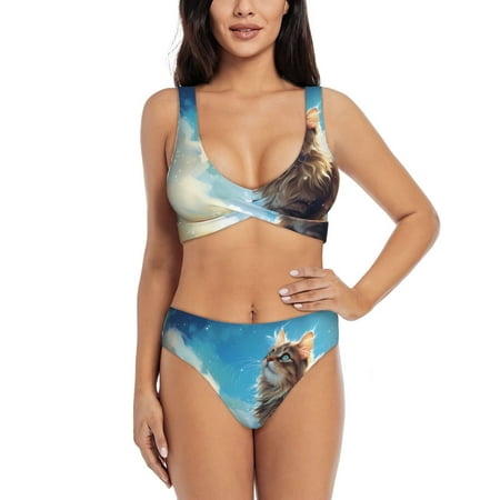 Zeuib Blue Sky Winged Cat High Waisted Tummy Control Bikini Set - Knot Front Push Up Top & Cheeky Thong Bottom  Two-Piece Swimsuit for Women-Small