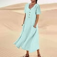 thumbnail image 2 of Danhjin Womens Summer Dresses Plus Size Short Sleeve Casual Solid Color Cre W Neck Cotton Linen Long Dress with Pockets, 2 of 6