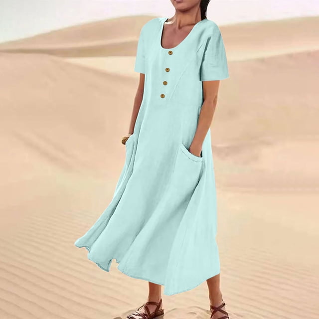 Gspmoly Robe d'Été, Robe d'Été Décontractée Sans Manches à Col Rond avec Poches pour Femme, Robe Longue Décontractée de Plage, Robes Formelles pour Femmes Offres Prime