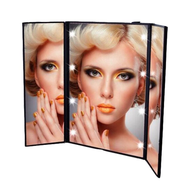 Espejo de maquillaje con emisión de luz, espejo triple, espejo de princesa, espejo de tres lados, espejo de maquillaje plegable con lámpara
