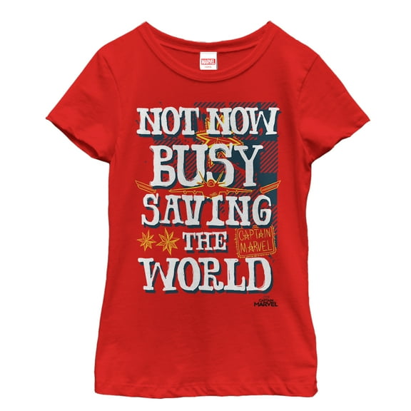 Girl's Marvel Captain Marvel Busy Saving World  Graphic Tee Red Medium