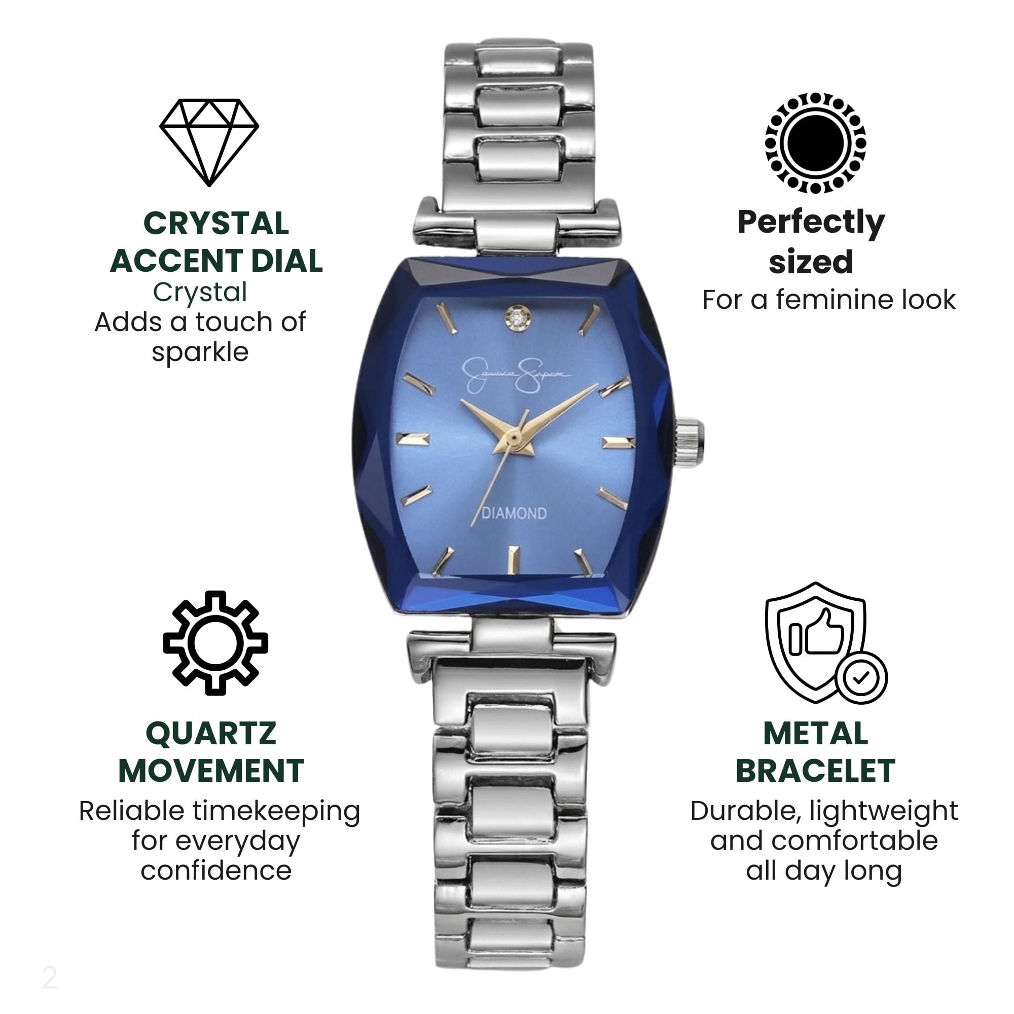 Jessica Simpson Women’s Silver Bracelet Watch, Barrel Dial with Crystal Accents, Analog Quartz Dress Watch, 24mm Case