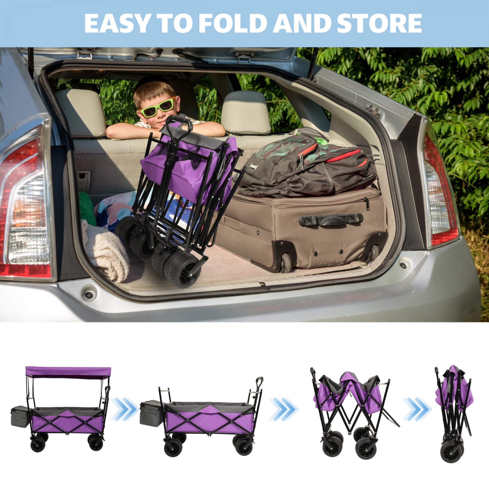 480Lbs Collapsible Wagon with Canopy, Wagon Stroller with 7" All-Terrain Wheels, Lightweight Foldable Large Capacity Wagon with Mosquito Net,Camping, Shopping, Sports & Garden Use,Purple
