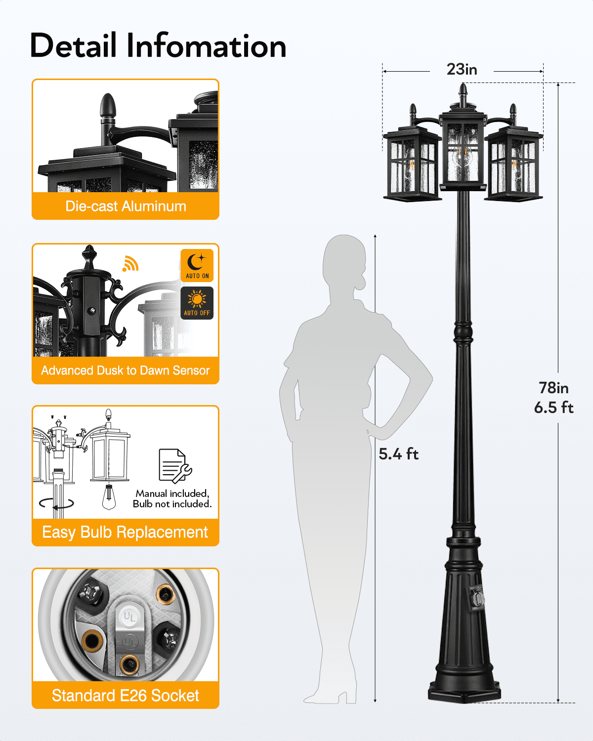 VIANIS 3-Head Outdoor Lamp Post Light with Outlet, Black Dusk to Dawn Outdoor Post Lights Hard Wired for Garden, Waterproof Triple-Head Outside Street Lamp Post Sconce for Yard Backyard Doorway House