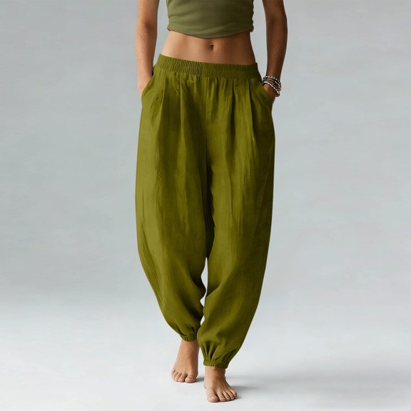 Juslio Linen Pants Women High Waist with Pockets Casual Elastic,Waist Linen Pleated Joggers Pants L