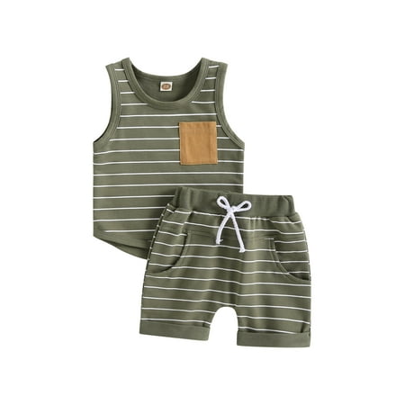 

Wassery Toddle Baby Boy Summer Outfits Striped Sleeveless Crew Neck Tank Tops and Stretch Casual Shorts with Pocket 2Pcs Set 0-4T