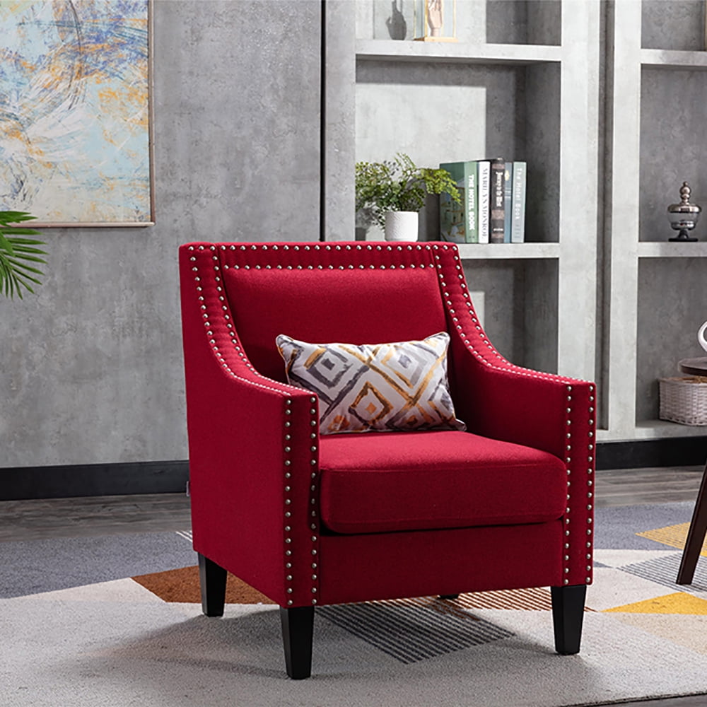 Kepooman Modern Accent Chair for Bedroom Living Room, Armchair with Nailheads and Solid wood Legs Teal Linen, Red Kepooman Modern Accent Chair for Bedroom Living Room, Armchair with Nailheads and Solid wood Legs Teal Linen, Red