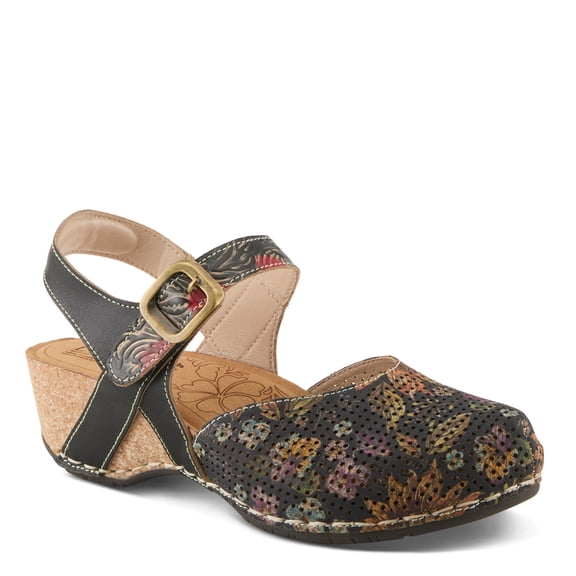 Spring Step L’Artiste Women's Koraline Mary Jane Flat Shoes – Hand Painted Floral Leather, Cushioned Microsuede Footbed, Adjustable Ankle Strap, 2″ Cork Wedge Heel