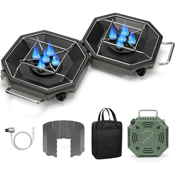 Camping Stove Propane Two Burner, 34000BTU Foldable Camp Stove Gas Propane Burners for Outdoor Cooking, Portable Stoves Gas Burners with Windsheild, Carrying Bag, Grates, Regulator
