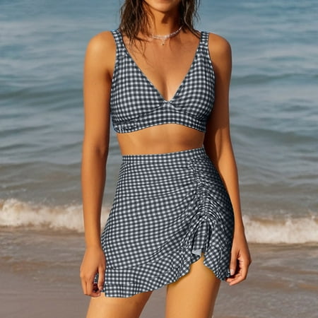 OSFVNOXV Two Piece Bikini Sets with Plaid Skirts Summer Y2K Push Up Bra Seamless V-Neck Swimsuit Top Vintage Classic Ruched Mini Length Swimming Bathing Bottom