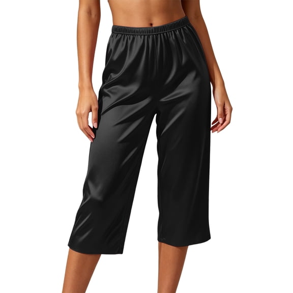 Shrysg Women's Plus Size Solid Color Summer Pajama Pants Loose Imitation Ice Silk Satin Wide Leg Casual Home Pants Black