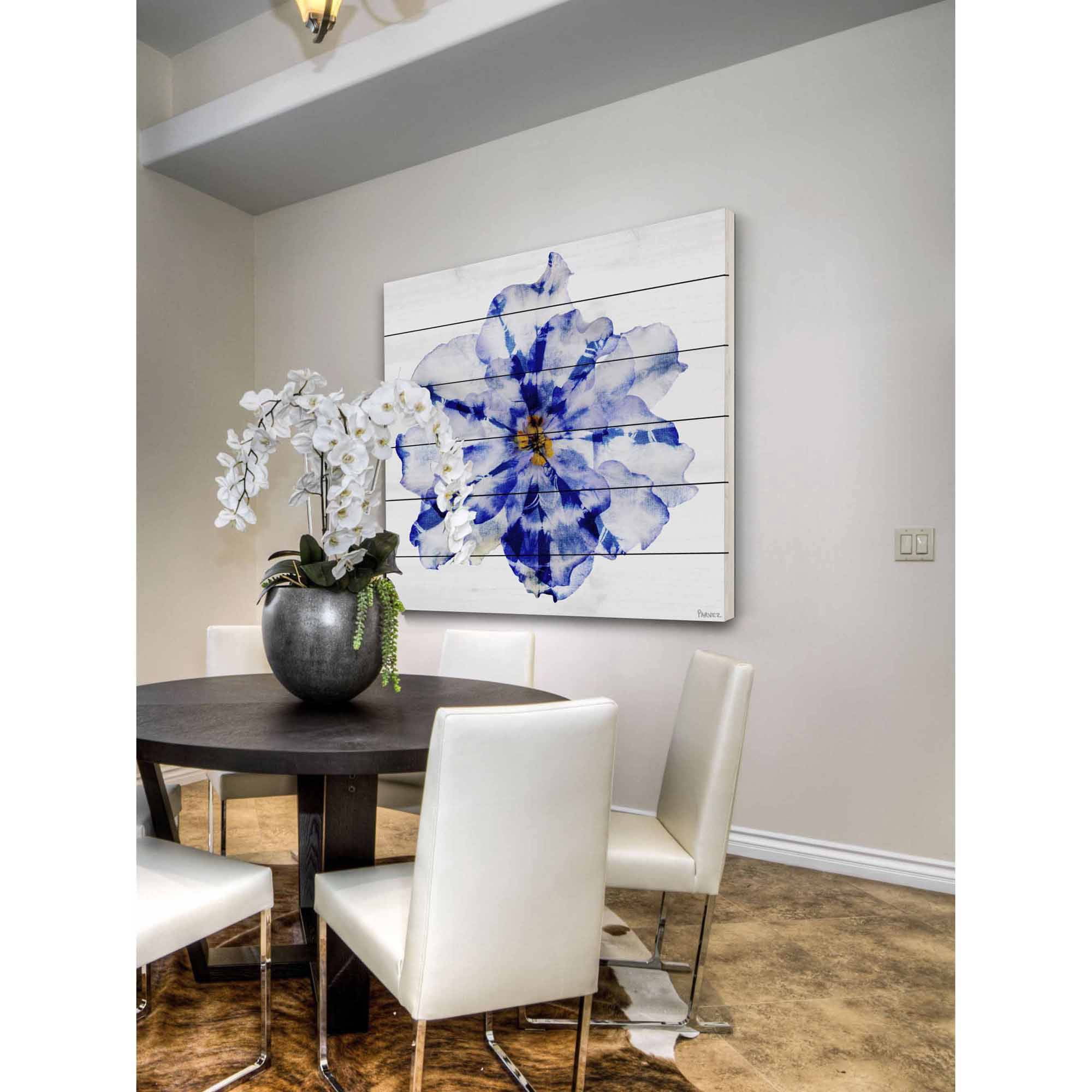 Parvez Taj Blue and White Flower Art Print on White Pine Wood
