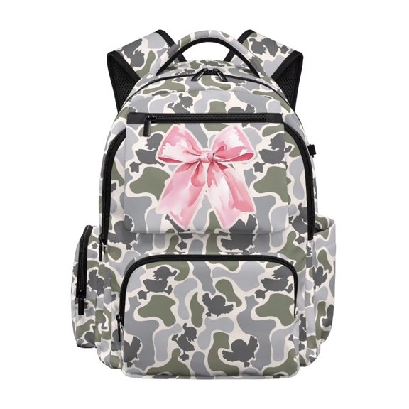 XYZCANDO Pink Bow Camo Kids Backpack for Girls 8-14, 17 Inch Large Capacity Toddler Bookbag with Adjustable Straps Lightweight Casual Daypack for Elementary Middle School Students