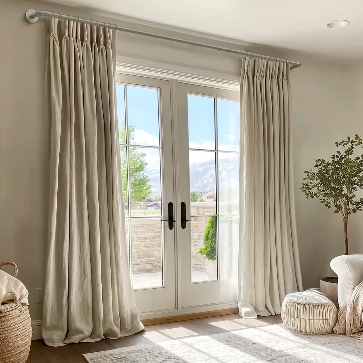 48" to 86"Curtain Rods for Windows,1 inch Industrial Curtain Rod, Adjustable Wrap Around Curtain Rods,Industrial Indoor/Outdoor Curtain Rod,Nickel