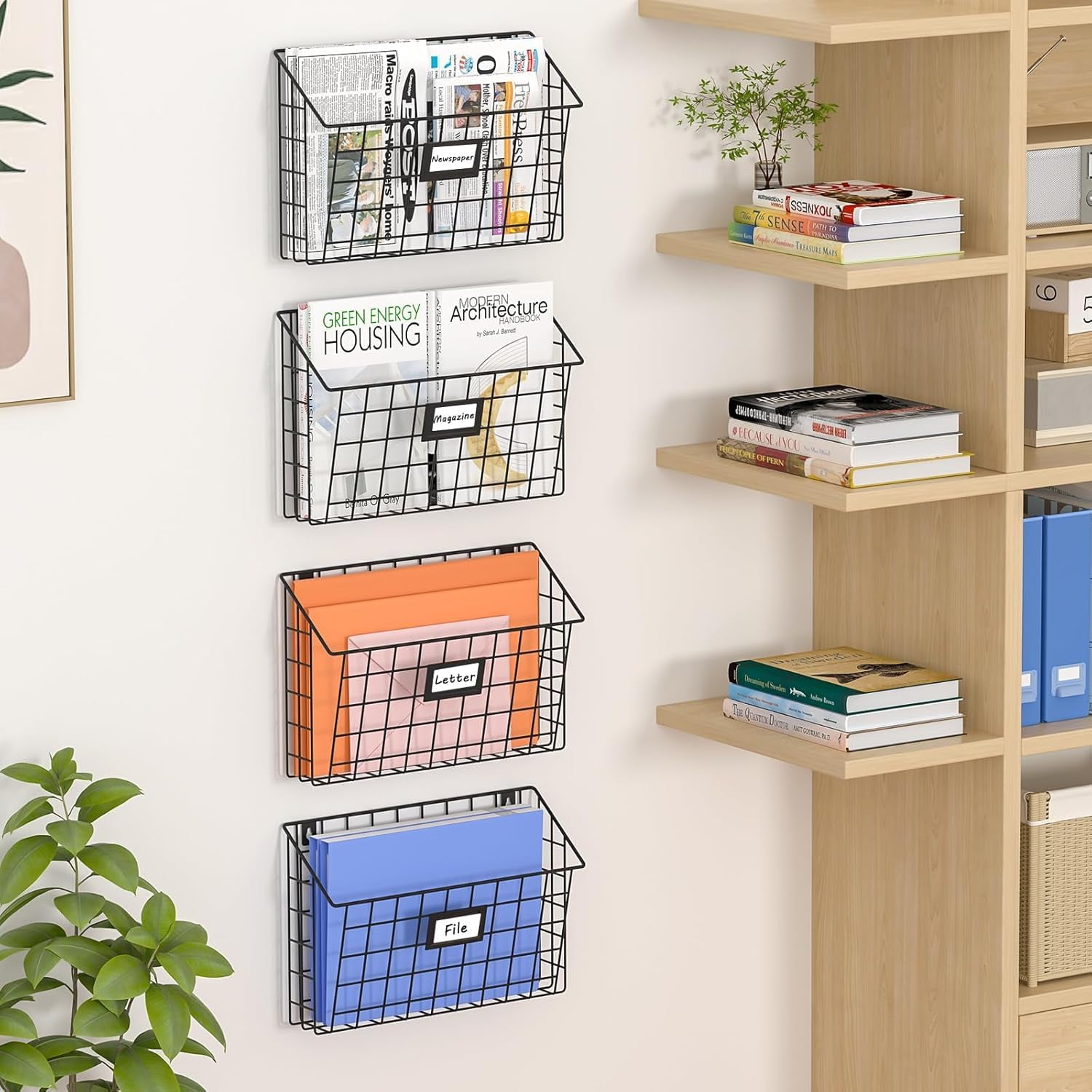 X-COSRACK 4-Tier Wall File Organizer, Detachable Metal Hanging Document Holder & Mail Sorter with Label Slots, Black