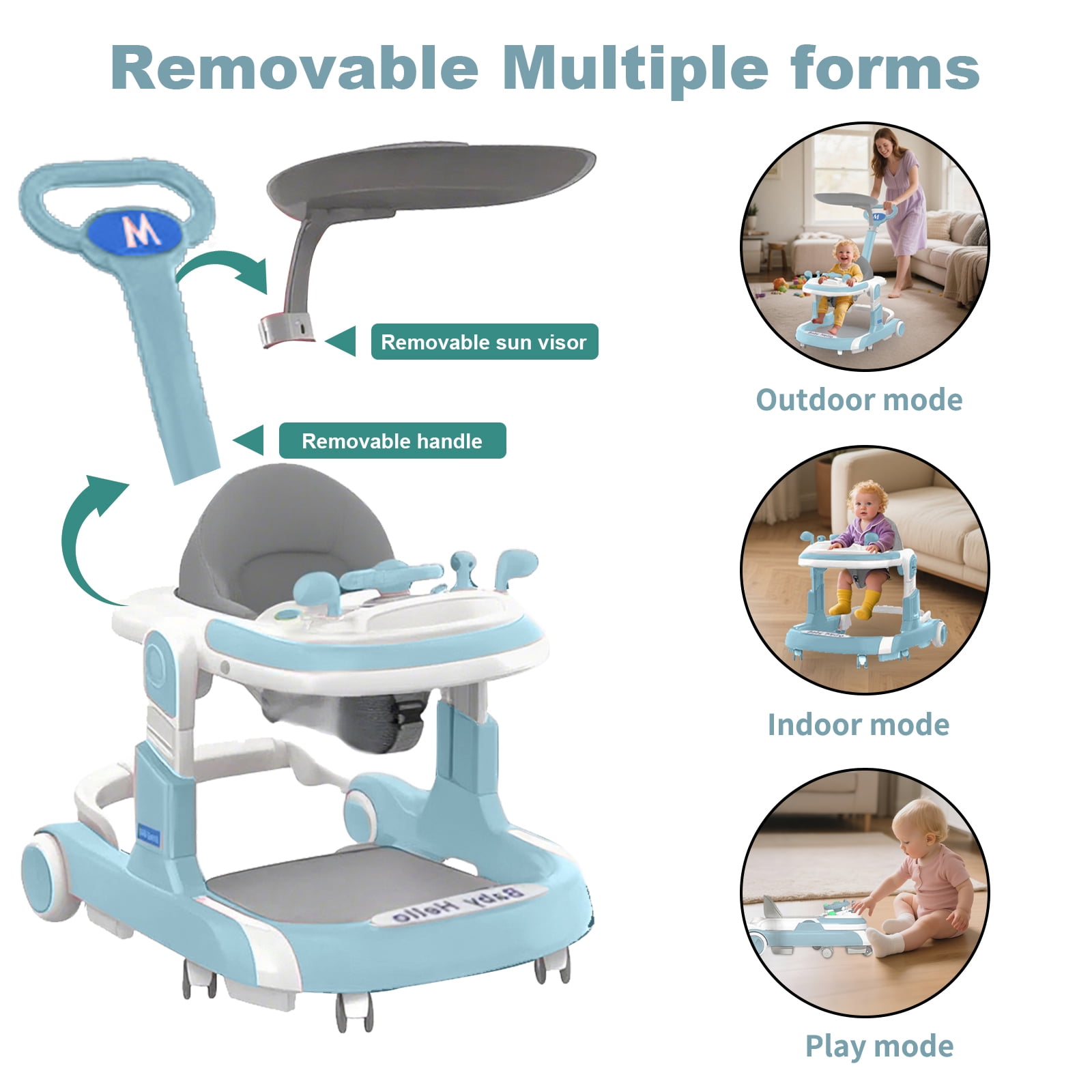 JieC 5-in-1 Foldable Baby Walker for 3 - 24 Months Baby Boys & Girls, with Toys Tray & Foot Pads/Handles，Blue