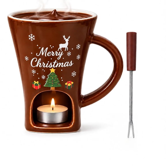 Christmas Chocolate Melting Cup with Forks - 150ml Ceramic Chocolate Fondue Mug With Tea Light, Individual Single Serve Fondue Cup, Ready For Gifting