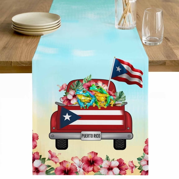 Puerto Rican Flag Table Runner 60 Inches Long Farmhouse Dress Scarves, Vintage Country Truck Flowers Blue Beige Dining Tablerunner for Coffee Table/Kitchen Island/Party Décor, 13" x 60"