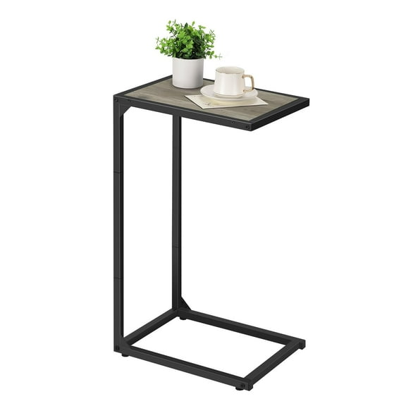 C Shaped End Table, Side Table for Sofa/Couch, Slide Under Couch Table with Metal Frame, Small TV Tray Table for Living Room/Bedroom, Greige & Black