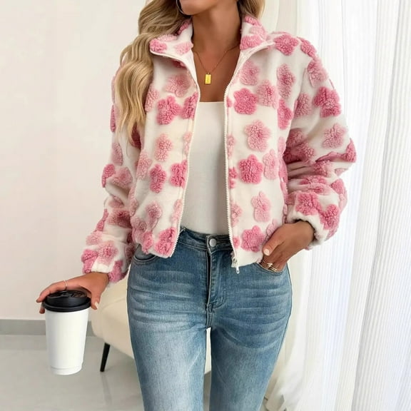 Karight Women's Casual Jacket Long Sleeve Cute Floral Print Warm Outerwear Coats Fall Winter Outfits
