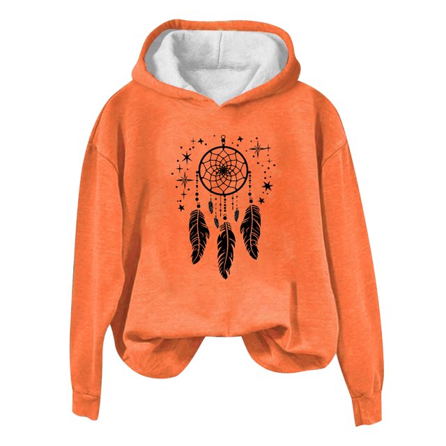Rbaofujie Chandails pour Femmes Tendance Décontracté Imprimé Col Rond Manches Longues Haut Ample Chandails en Molleton à Capuche Orange Automne Chandails à Capuchon pour Femmes