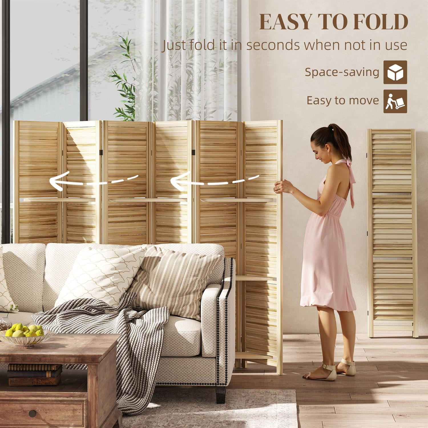Demi Bonn 67" Tall Wood Privacy Screen Room Divider with 6 Panels, 3 Shelves, Folding Storage for Bedrooms, Beige