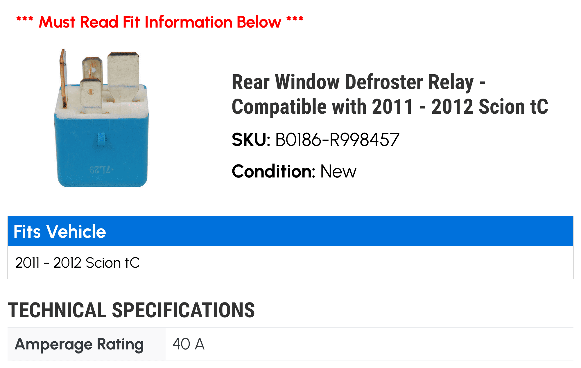 Rear Window Defroster Relay - Compatible with 2011 - 2012 Scion tC