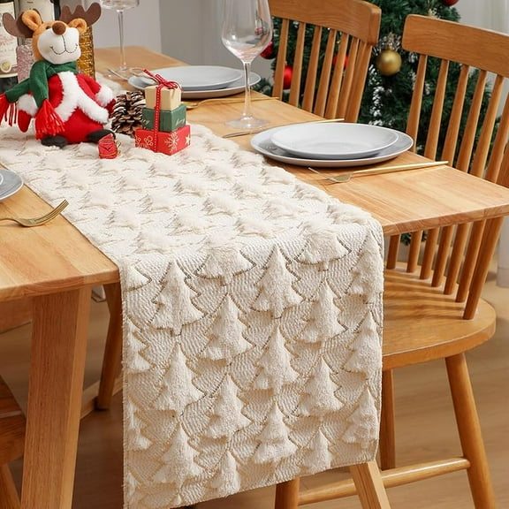 WAAYEE Christmas Table Runner with Festive Christmas Tree Design | 13x72inch Soft Plush Faux Fur, Heat & Scratch Resistant, Holiday Decor for Home Party Dining Table