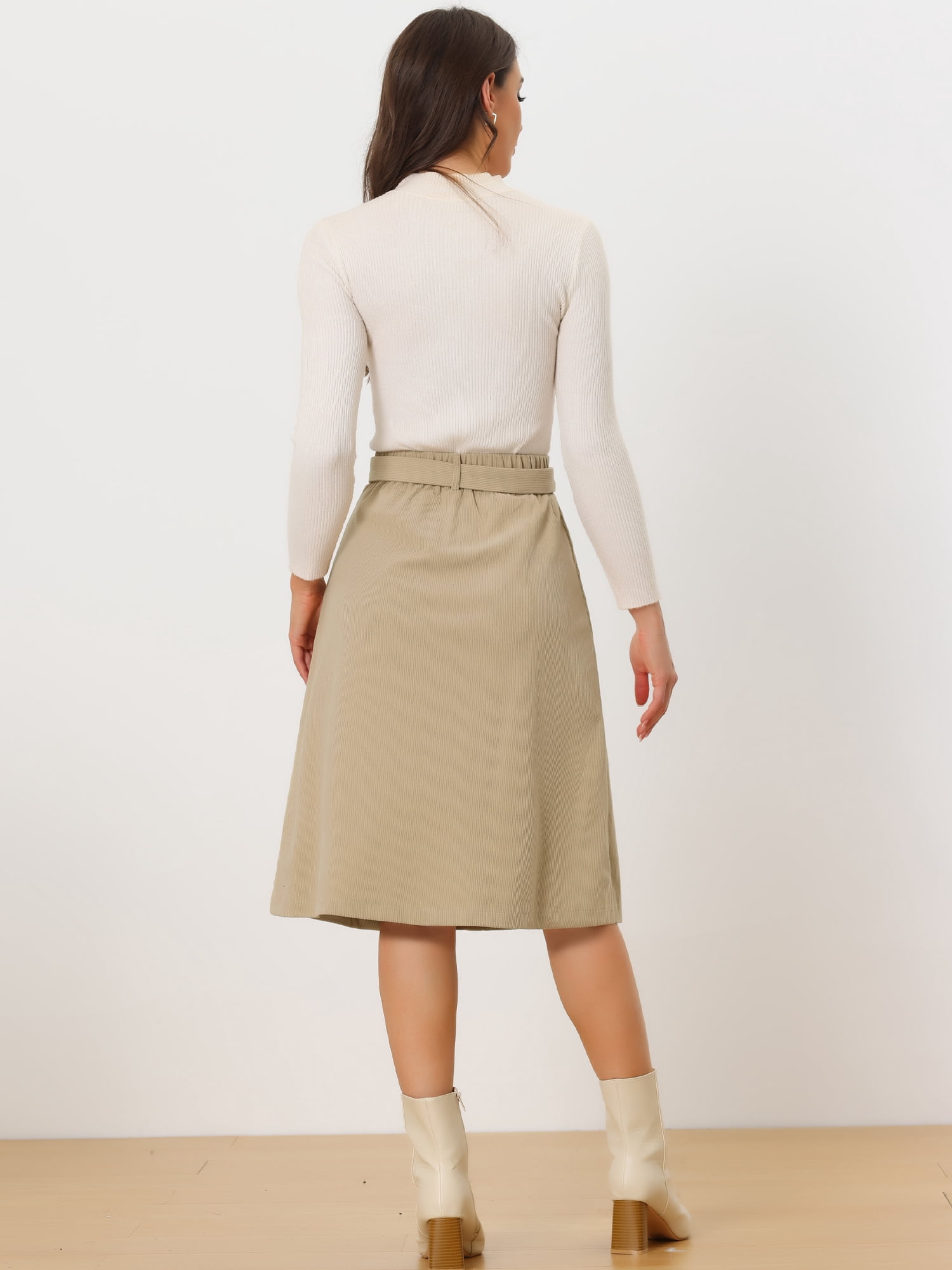 DARING DIVA Women's A-Line Button Front Belted Midi Skirts XL Khaki
