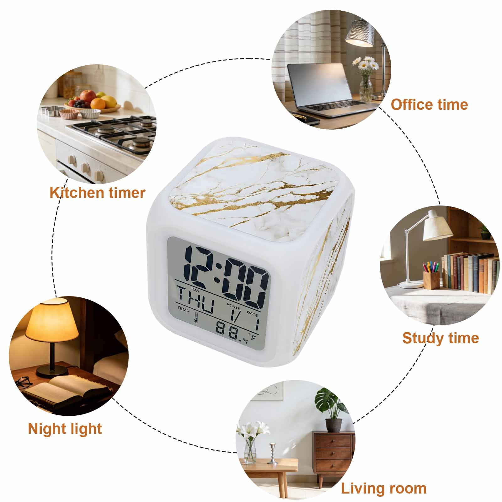 White Gold Modern Digital Alarm Clock for Bedrooms, Smart LED Alarm Clock with 7 Color Changing Night Light, Abstract Vintage Marble Geometric Silent Wake Up Clocks for Sleep Study Cooking 3.2"x3.2"