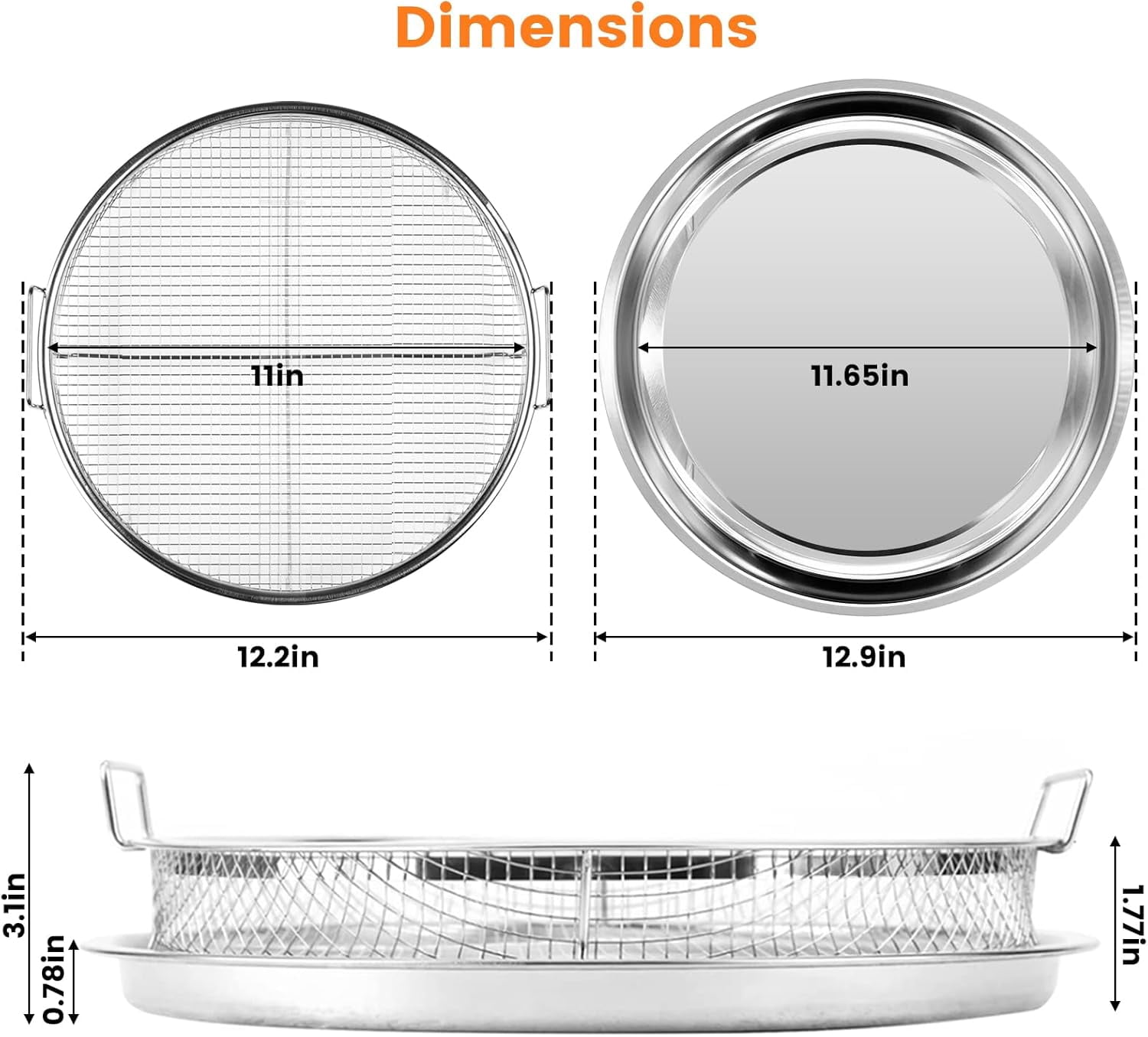 Air Fryer Basket for Oven,2 Pieces Set Round Silver 12.9'' Non-stick Stainless Steel Mesh Air Fryer Baking Tray Accessories Rack Roasting Grill Basket for Convection Oven Air Fryer, Dishwasher Safe