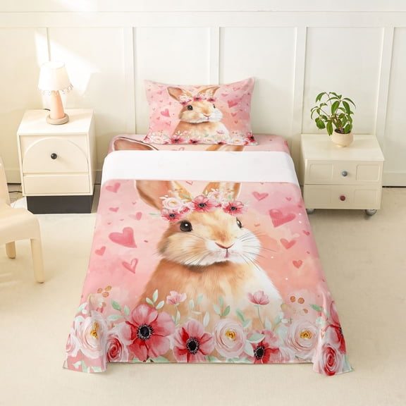 Erosebridal Kawaii Rabbit Twin Sheet Sets 3pcs For Kids,Love Heart Flowers Bedding For Girls