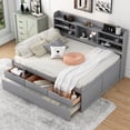 thumbnail image 3 of Full Size Wooden Captain Bed with Bookshelves, 3 Drawers and Trundle - Classic Antique Brown Storage Bed for Guest Room, Small Space, Light Grey, 3 of 16